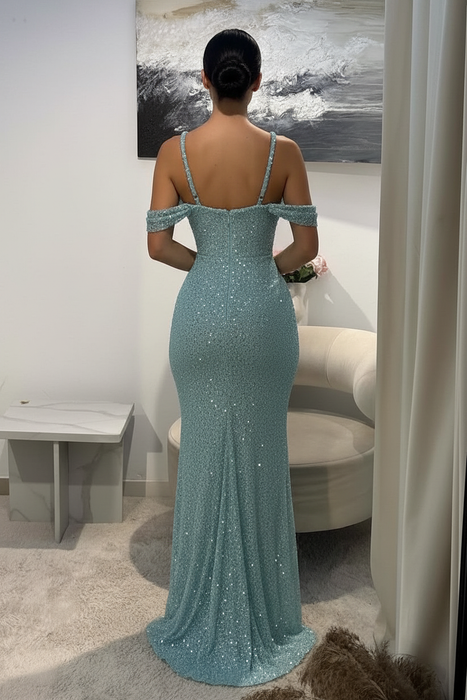 Sparkly Sequins Mermaid Prom Dress Spaghetti Straps Ruffles Evening Gowns
