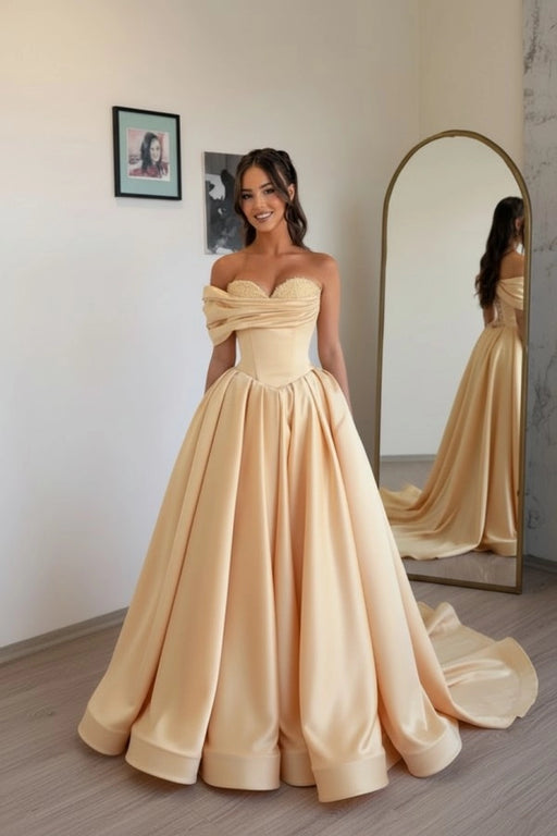 Off Shoulder Sweetheart Ruffles Satin Aline Evening Dress with Pearls