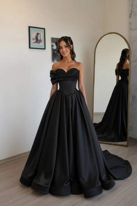 Black Off Shoulder Sweetheart Ruffles Satin Aline Evening Dress with Pearls