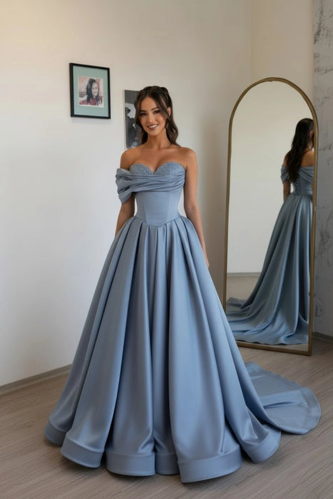 Dusty Blue Off Shoulder Sweetheart Ruffles Satin Aline Evening Dress with Pearls