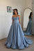 Dusty Blue Off Shoulder Sweetheart Ruffles Satin Aline Evening Dress with Pearls