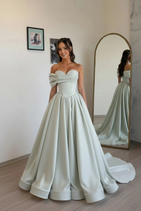 Sage Off Shoulder Sweetheart Ruffles Satin Aline Evening Dress with Pearls