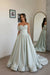 Sage Off Shoulder Sweetheart Ruffles Satin Aline Evening Dress with Pearls