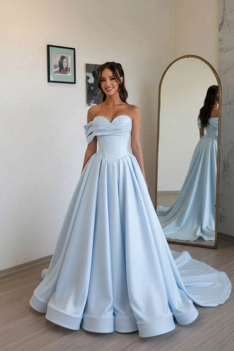 Sky Blue Off Shoulder Sweetheart Ruffles Satin Aline Evening Dress with Pearls