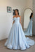 Sky Blue Off Shoulder Sweetheart Ruffles Satin Aline Evening Dress with Pearls