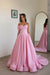 Candy Pink Off Shoulder Sweetheart Ruffles Satin Aline Evening Dress with Pearls