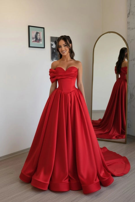 Red Off Shoulder Sweetheart Ruffles Satin Aline Evening Dress with Pearls