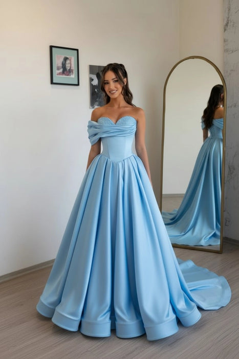 Sky Blue Off Shoulder Sweetheart Ruffles Satin Aline Evening Dress with Pearls