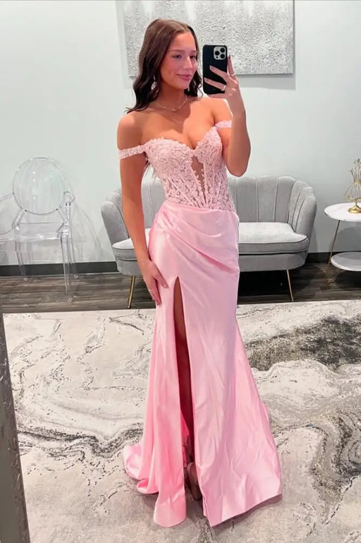 Off-the-Shoulder Pleated Satin Mermaid Prom Dress Pink with Side Split