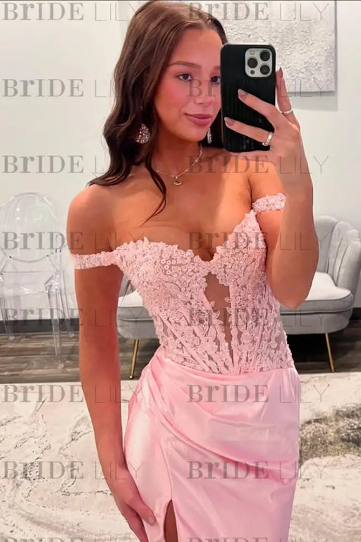Off-the-Shoulder Pleated Satin Mermaid Prom Dress Pink with Side Split