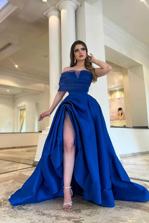 Off-the-Shoulder Royal Blue Aline Evening Dress with Front Split