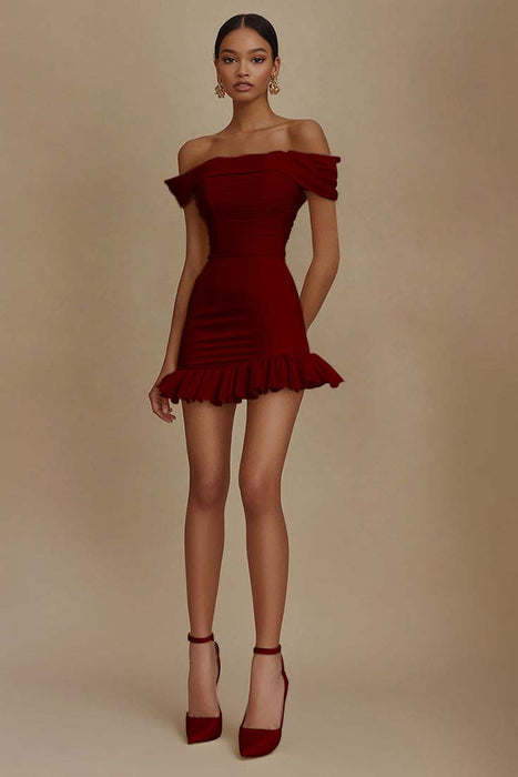 Cute Off-the-Shoulder Ruffles Satin Short Homecoming Dress Sleeveless Prom Dress Burgundy