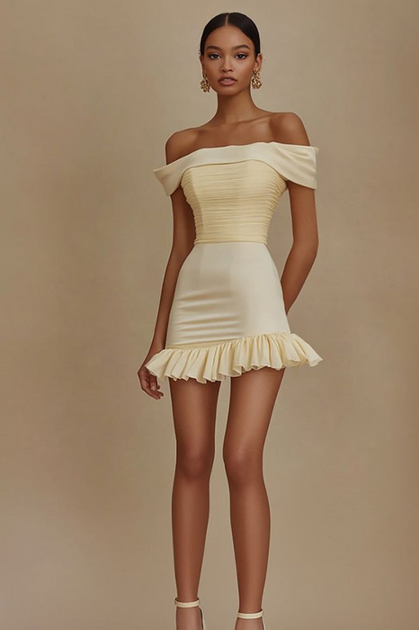Cute Off-the-Shoulder Ruffles Satin Short Homecoming Dress Sleeveless Prom Dress Daffodil