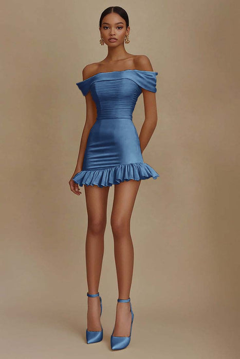 Cute Off-the-Shoulder Ruffles Satin Short Homecoming Dress Sleeveless Prom Dress Dusty Blue