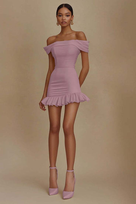 Cute Off-the-Shoulder Ruffles Satin Short Homecoming Dress Sleeveless Prom Dress Dusty Pink