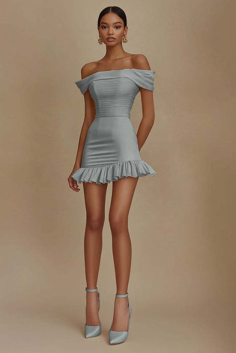Cute Off-the-Shoulder Ruffles Satin Short Homecoming Dress Sleeveless Prom Dress Gray