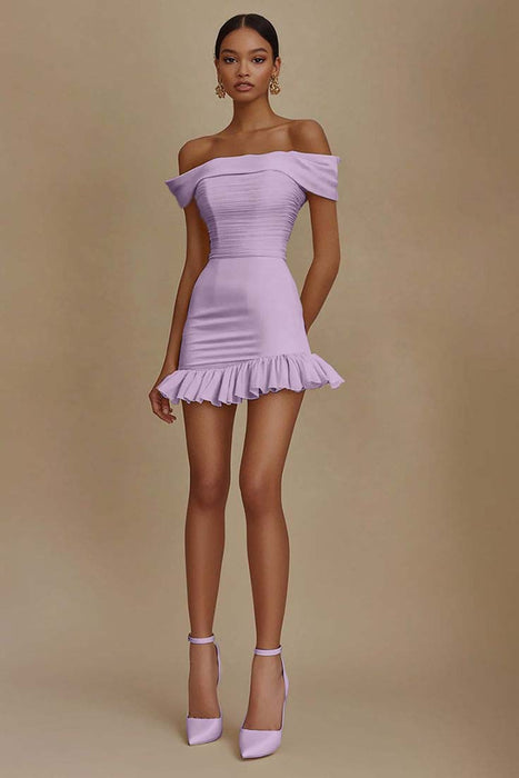 Cute Off-the-Shoulder Ruffles Satin Short Homecoming Dress Sleeveless Prom Dress Lilac
