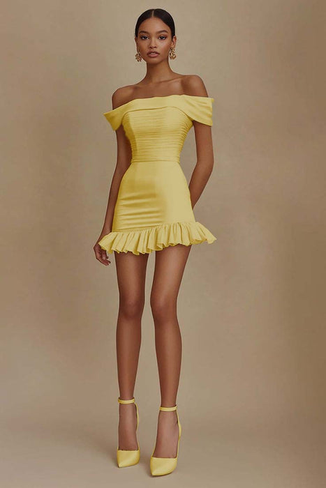 Cute Off-the-Shoulder Ruffles Satin Short Homecoming Dress Sleeveless Prom Dress Yellow