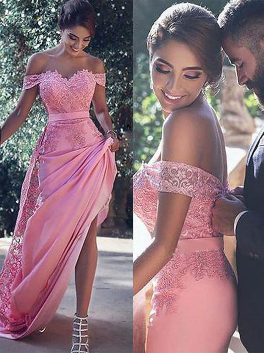 Sheath/Column Off-the-Shoulder Sleeveless Sweep/Brush Train Silk Like Satin Dresses - Prom Dresses