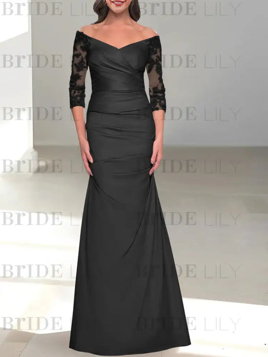 Off the shoulder satin mermaid gown with lace sleeves in black