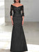 Off the shoulder satin mermaid gown with lace sleeves in black