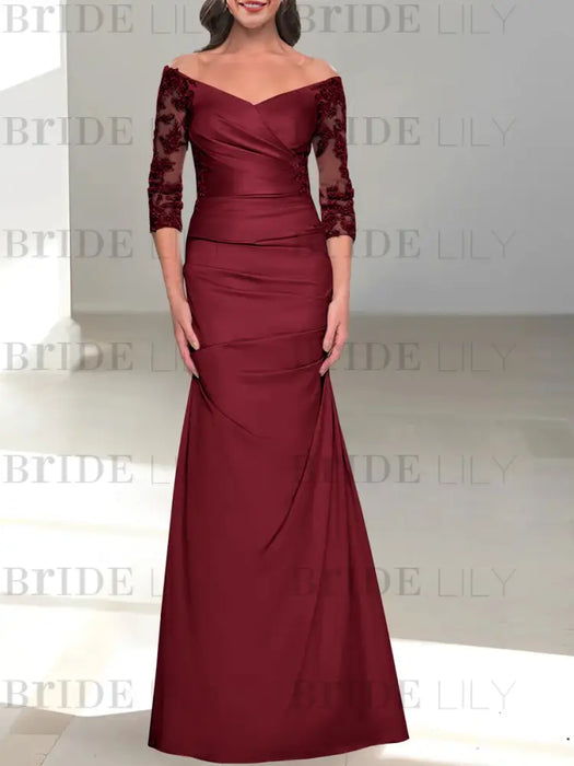Off the shoulder satin mermaid gown with lace sleeves in burgundy