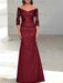 Off the shoulder satin mermaid gown with lace sleeves in burgundy
