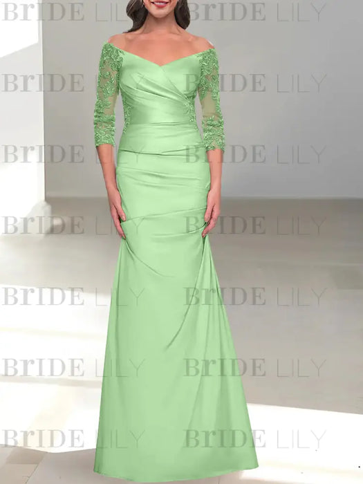 Celadon off the shoulder satin mother of the bride gown with lace sleeves