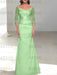 Celadon off the shoulder satin mother of the bride gown with lace sleeves