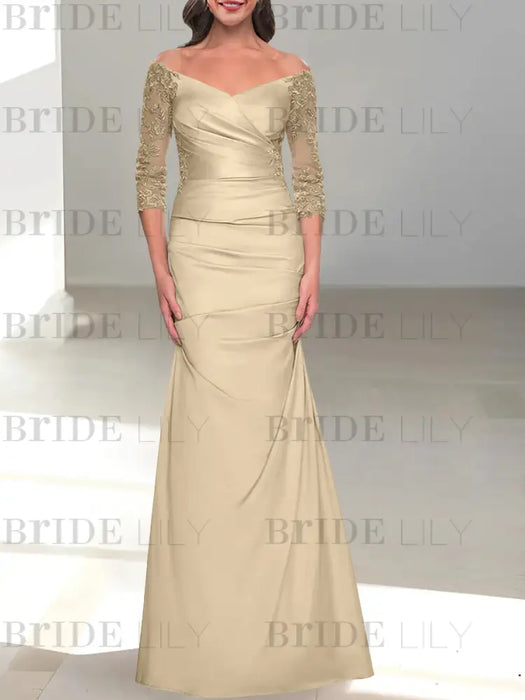 Champagne off the shoulder satin mother of the bride gown with lace sleeves