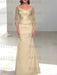 Champagne off the shoulder satin mother of the bride gown with lace sleeves