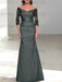 Off the shoulder satin mermaid gown with lace sleeves in charcoal sage