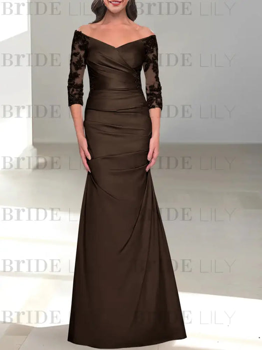 Chocolate off the shoulder satin mother of the bride gown with lace sleeves