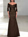 Chocolate off the shoulder satin mother of the bride gown with lace sleeves