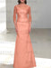 Coral off the shoulder satin mother of the bride gown with lace sleeves