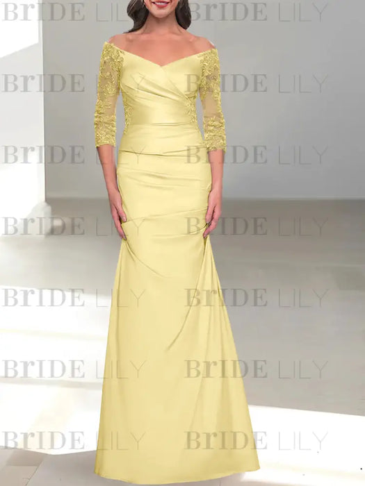 Daffodil off the shoulder satin mother of the bride gown with lace sleeves