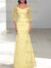 Daffodil off the shoulder satin mother of the bride gown with lace sleeves