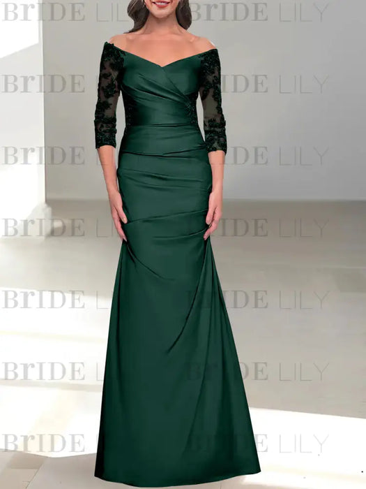 Dark Green off the shoulder satin mother of the bride gown with lace sleeves