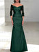 Dark Green off the shoulder satin mother of the bride gown with lace sleeves