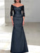 Dark Navy off the shoulder satin mother of the bride gown with lace sleeves