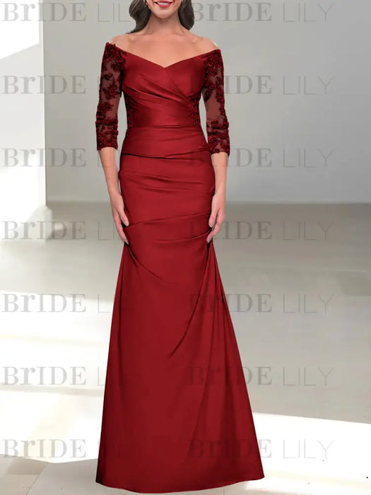 Dark Red off the shoulder satin mother of the bride gown with lace sleeves