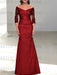 Dark Red off the shoulder satin mother of the bride gown with lace sleeves