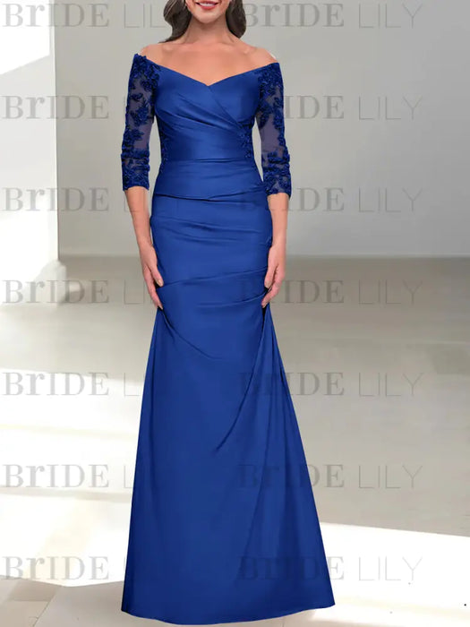 Dark Royal Blue off the shoulder satin mother of the bride gown with lace sleeves