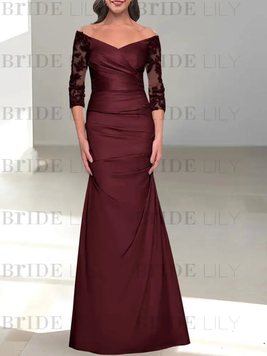 Off the shoulder satin mermaid gown with lace sleeves in deep wine