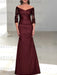 Off the shoulder satin mermaid gown with lace sleeves in deep wine