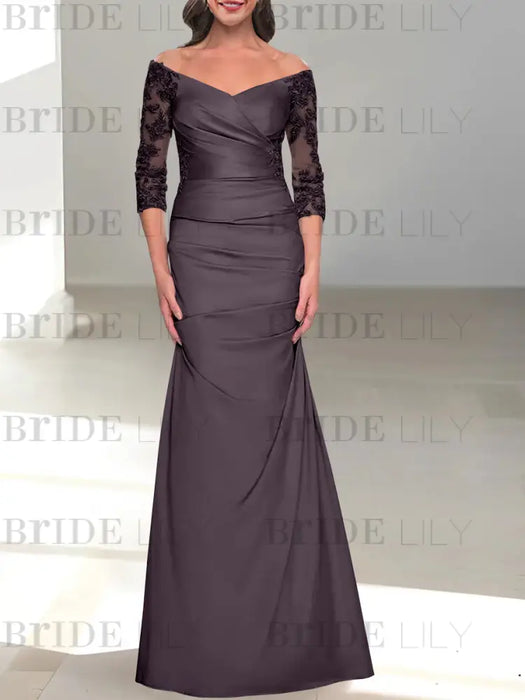 Dusk off the shoulder satin mother of the bride gown with lace sleeves
