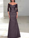 Dusk off the shoulder satin mother of the bride gown with lace sleeves