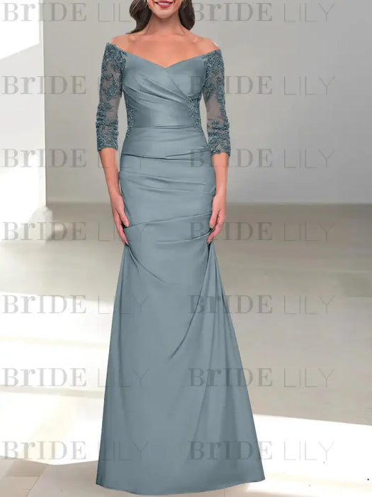 Dusty Blue off the shoulder satin mother of the bride gown with lace sleeves