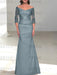 Dusty Blue off the shoulder satin mother of the bride gown with lace sleeves
