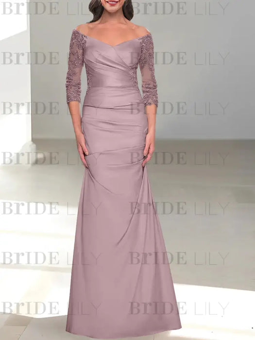 Off the shoulder satin mermaid gown with lace sleeves in dusty mauve